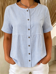 Crew Neck Short Sleeve Striped Casual Regular Loose Shirt For Women