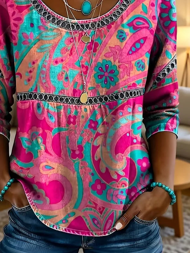 Crew Neck Half Sleeve Floral Printing Regular Micro-Elasticity Loose Blouse For Women