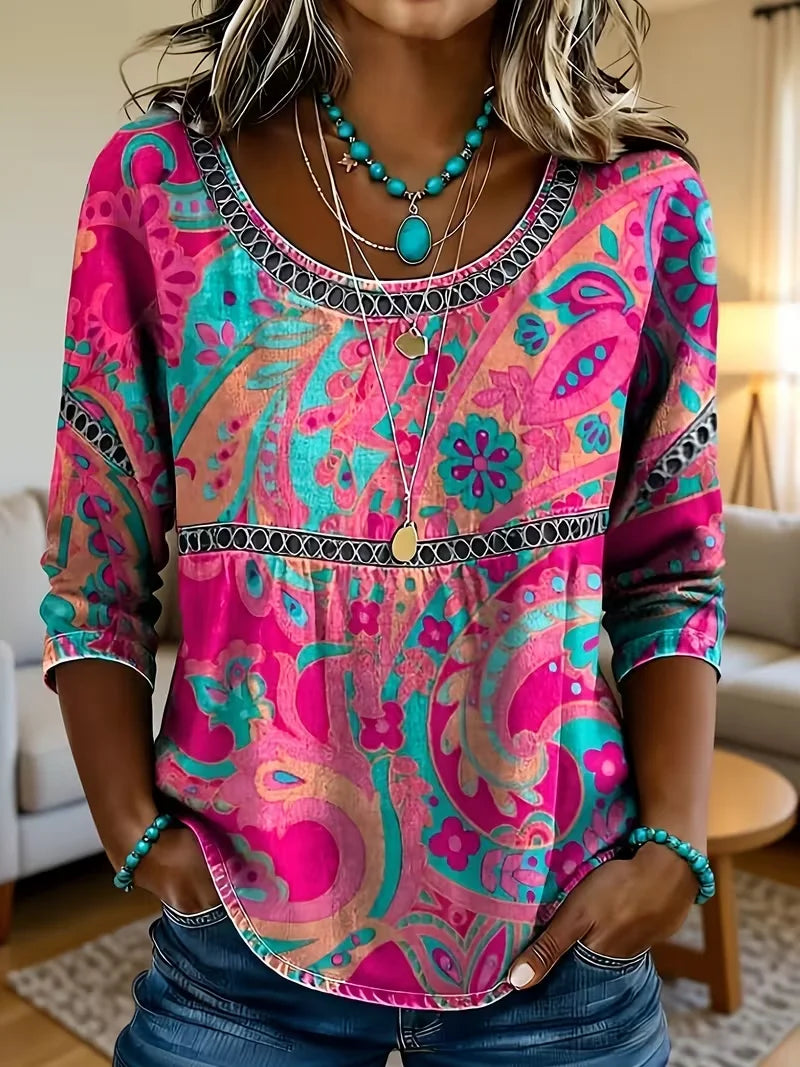 Crew Neck Half Sleeve Floral Printing Regular Micro-Elasticity Loose Blouse For Women