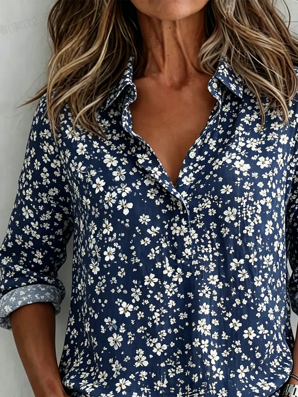 V Neck Long Sleeve Floral Regular Loose Shirt For Women