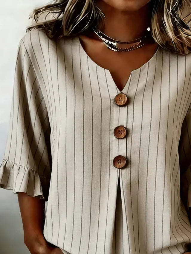 V Neck Half Sleeve Striped Printing Regular Micro-Elasticity Regular Fit Blouse For Women