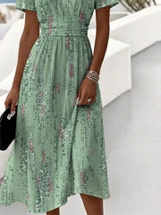 Women Gradient Pattern Summer Dress V Neck Short Sleeve Beach Dress A-Line Dress