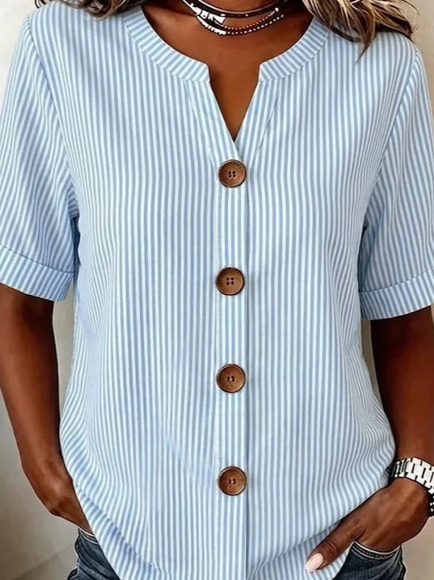 V Neck Short Sleeve Striped Regular Loose Shirt For Women