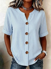 V Neck Short Sleeve Striped Regular Loose Shirt For Women