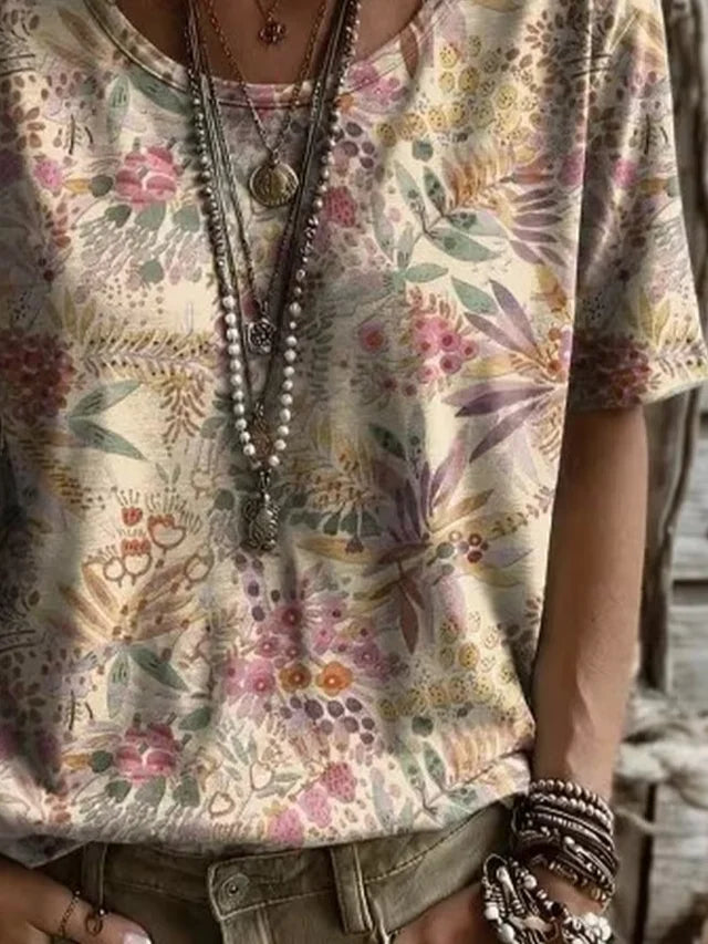 Casual Floral Crew Neck Short Sleeve T-shirt For Women