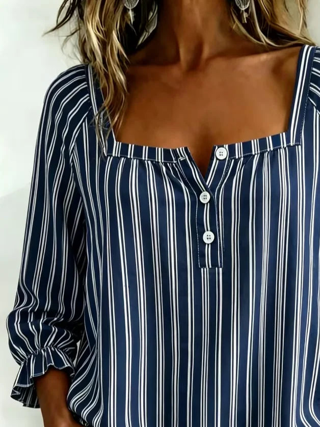 Square Neck Three Quarter Sleeve Striped Printing Regular Micro-Elasticity Loose Blouse For Women