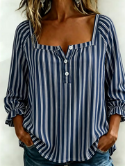 Square Neck Three Quarter Sleeve Striped Printing Regular Micro-Elasticity Loose Blouse For Women