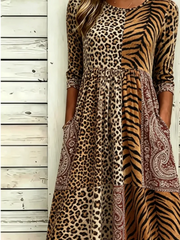 Women Leopard Summer Dress Half Sleeve A-Line Dress