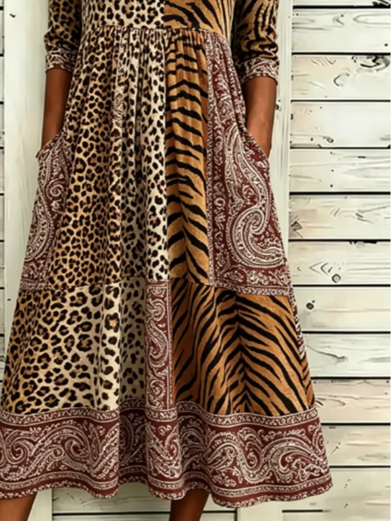 Women Leopard Summer Dress Half Sleeve A-Line Dress