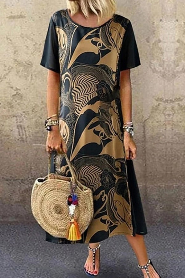 Round Neck Tribal Casual Short Sleeves Midi Dress