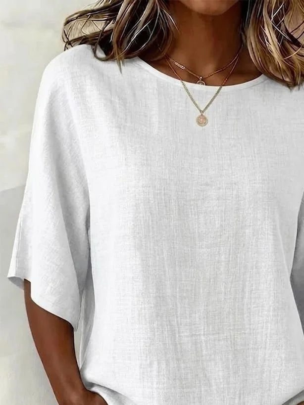 Crew Neck Half Sleeve Plain Printing Regular Micro-Elasticity Regular Fit Blouse For Women