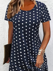 Women Polka Dots Summer Printing Dress Crew Neck Short Sleeve T-Shirt Dress A-Line Dress