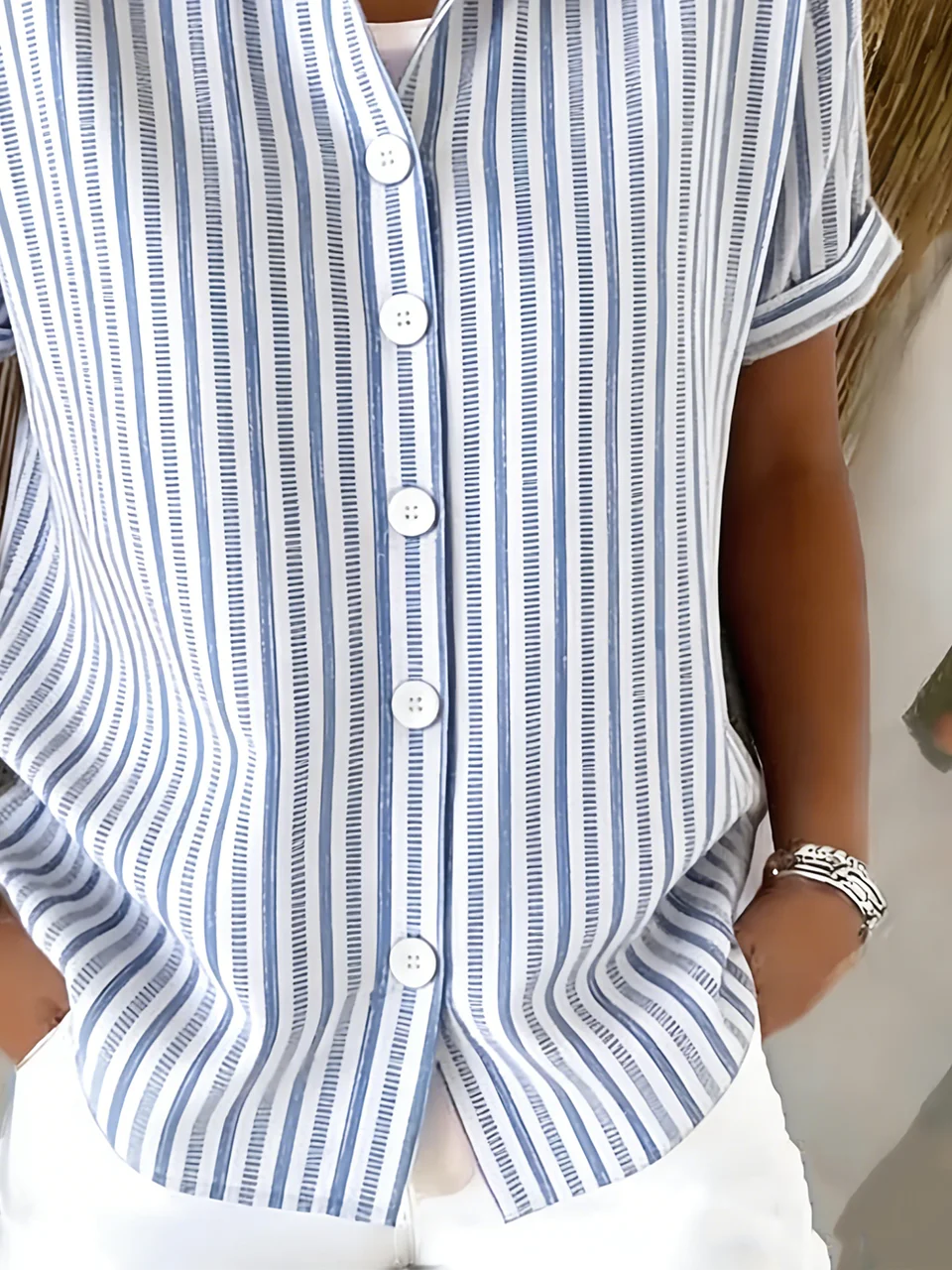 Shawl Collar Short Sleeve Striped Regular Regular Fit Shirt For Women