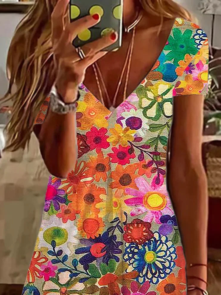 Women Floral Summer Dress Crew Neck Half Sleeve A-Line Dress