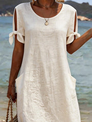 Linen And Linen Round Neck Short Sleeve With Pocket Casual Dress