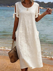 Linen And Linen Round Neck Short Sleeve With Pocket Casual Dress