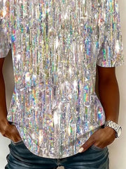 Women Crew Neck Short Sleeve Iridescent Glitter Abstract Loose Graphic T-shirt