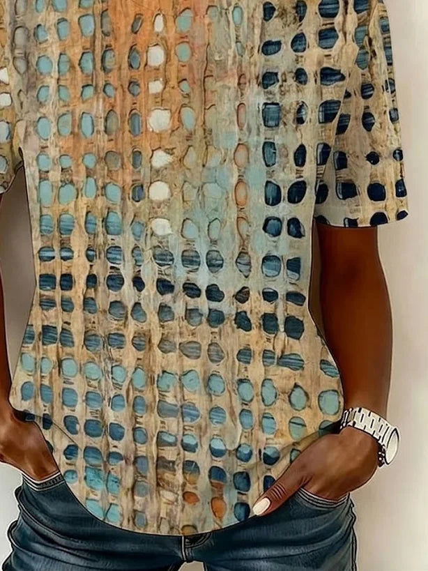Women Crew Neck Short Sleeve Vintage Circle Dot Abstract Loose