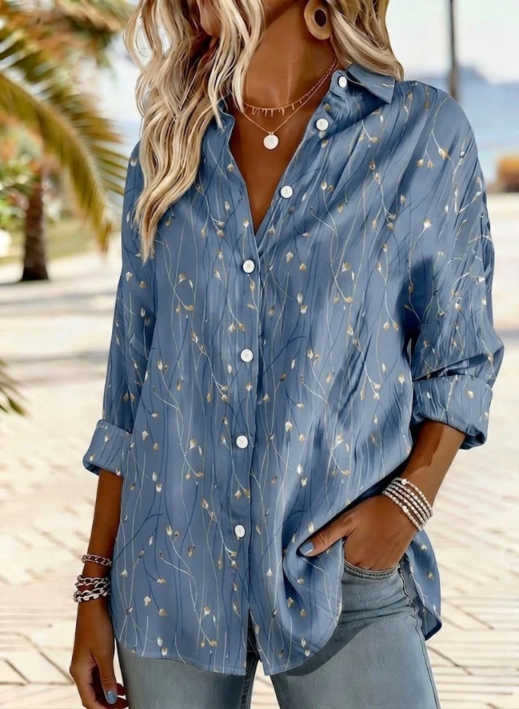 Women Shirt Collar Long Sleeve Blue Leaf Loose Button Down Shirt
