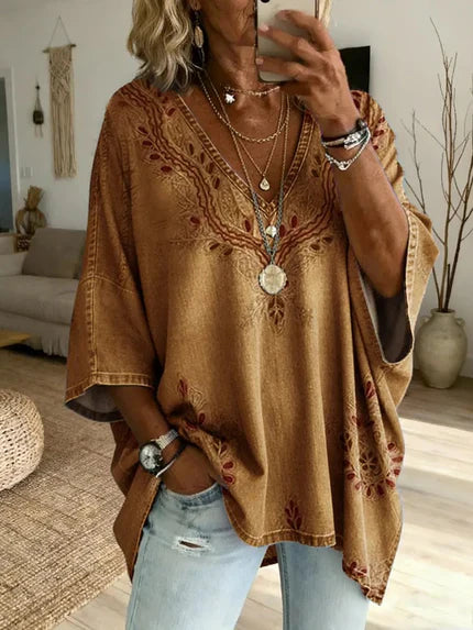 Ethnicity Texture Flowers Women's Art Print Casual Washed Cotton Denim Top