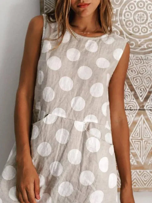 Women's Polka Dot Sleeveless Crew Neck Cotton Blend Casual Midi Dress