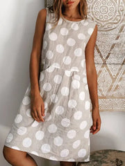 Women's Polka Dot Sleeveless Crew Neck Cotton Blend Casual Midi Dress