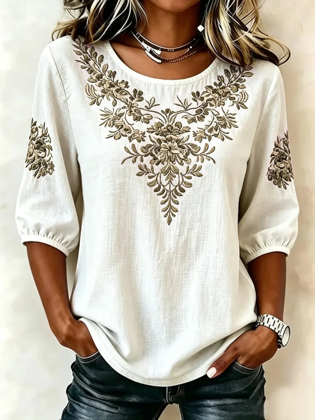 Vintage Floral Embroidery Crew Neck Puff Half Sleeve Loose Linen Blend Blouse