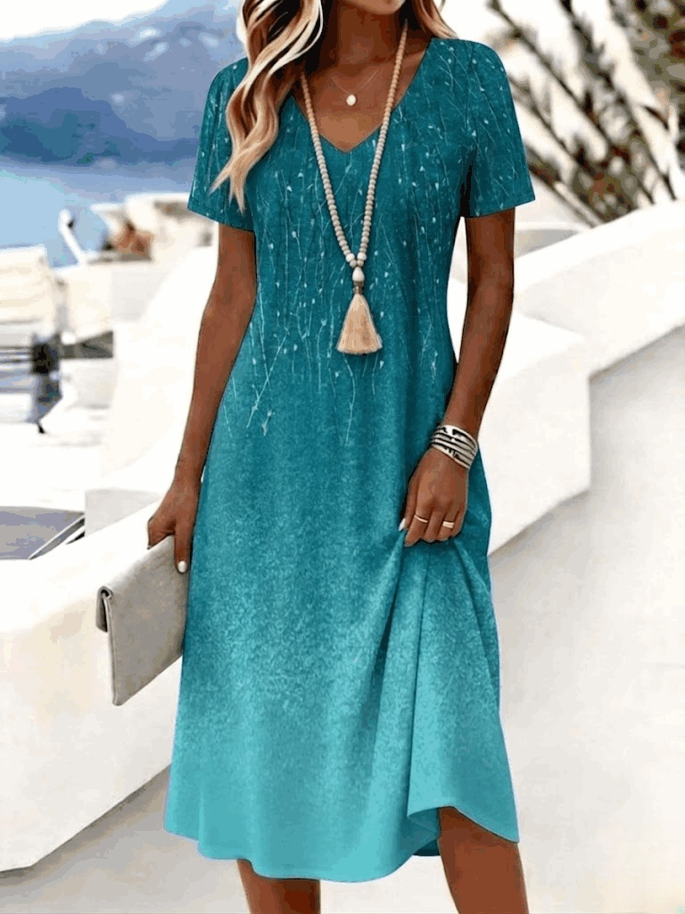 Women Ombre Print V Neck Short Sleeve Summer Midi A-Line Dress