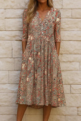 Women Button V Neck 3/4 Sleeve Vintage Floral Pocket Midi Dress