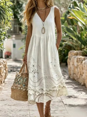 White Floral Embroidery Eyelet V Neck Sleeveless Tiered Midi Dress With Side Pockets