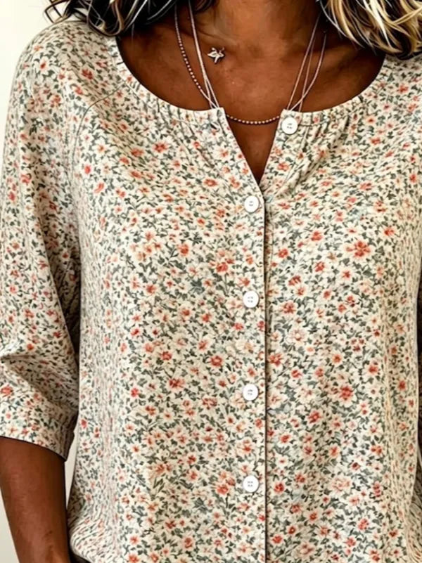 Women Half Sleeve Apricot Ditsy Floral Crew Neck Loose Casual Summer Top