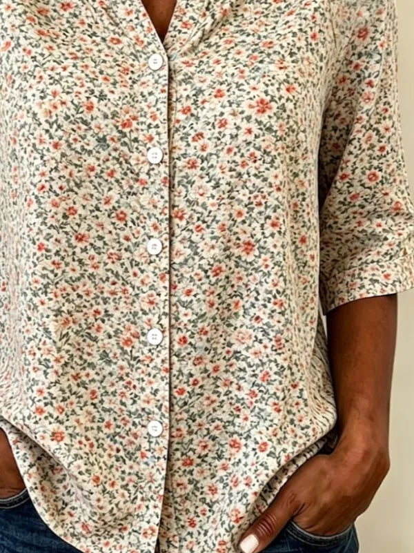 Women Half Sleeve Apricot Ditsy Floral Crew Neck Loose Casual Summer Top
