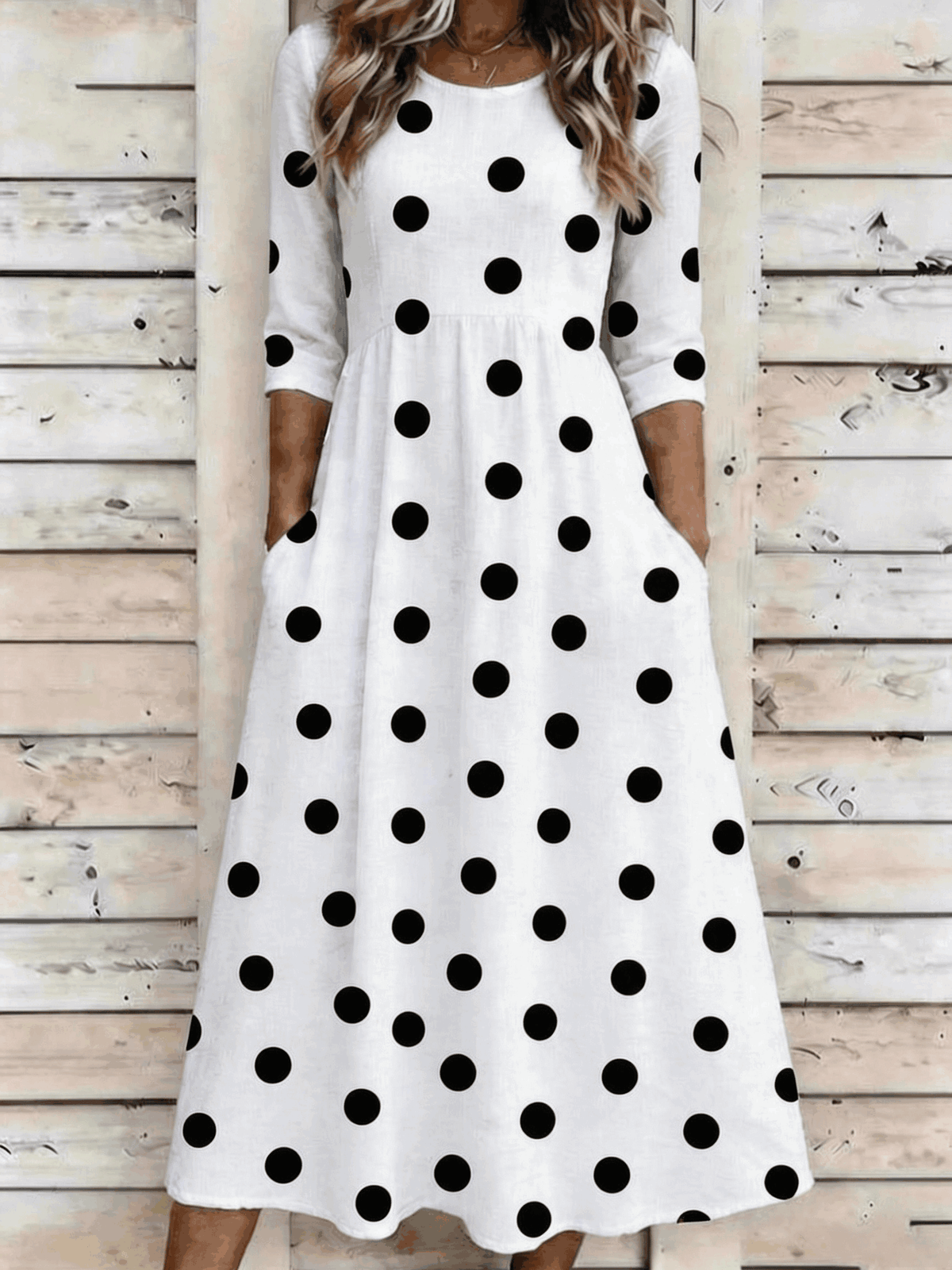 Women Polka Dots Summer Dress Crew Neck Half Sleeve A-Line Maxi Dress