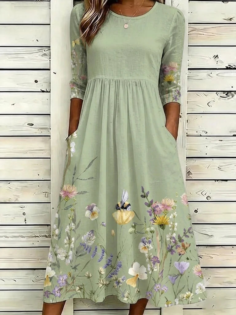 Women Floral Summer Dress Crew Neck Half Sleeve A-Line Maxi Dress