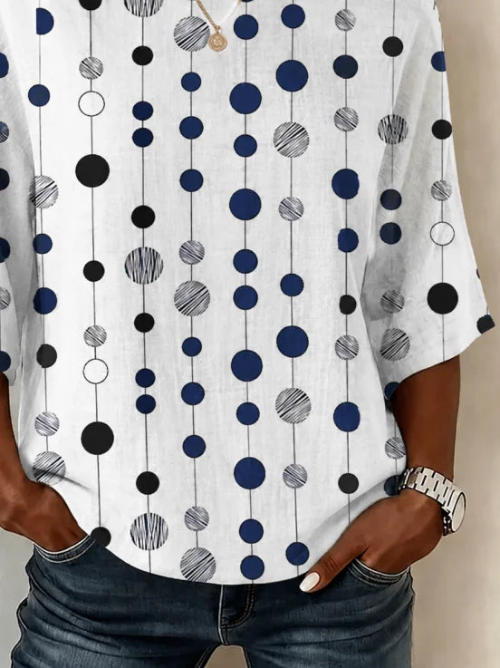 Crew Neck Half Sleeve Abstract Polka Dots Printing Regular Micro-Elasticity Loose Blouse For Women