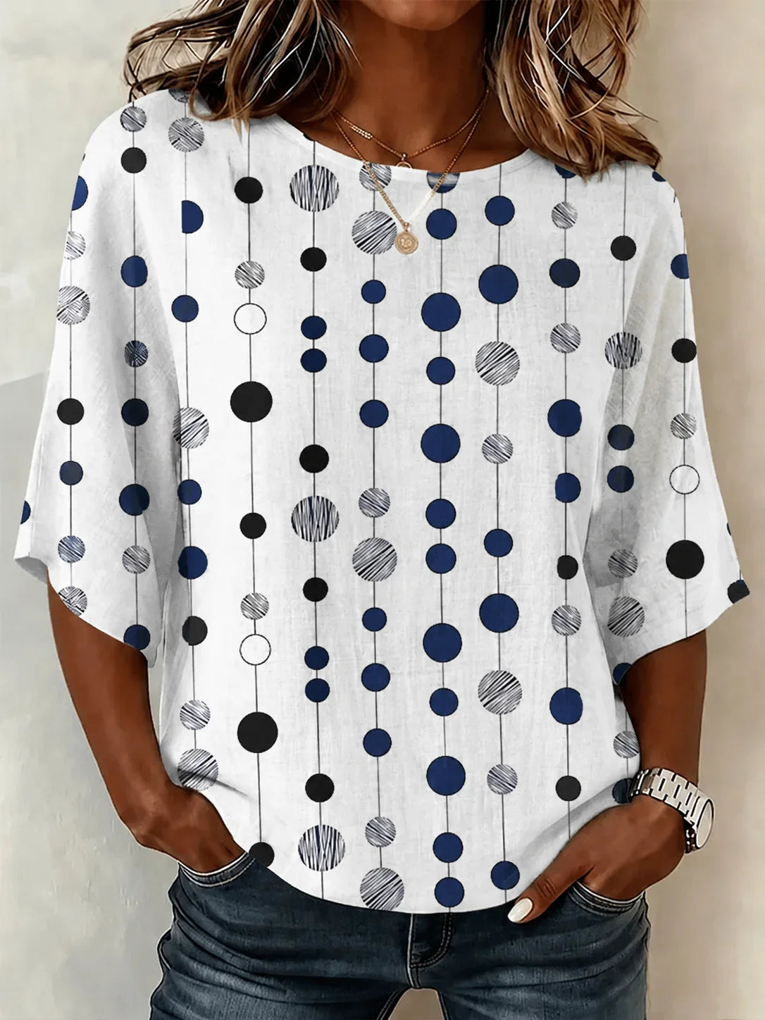 Crew Neck Half Sleeve Abstract Polka Dots Printing Regular Micro-Elasticity Loose Blouse For Women