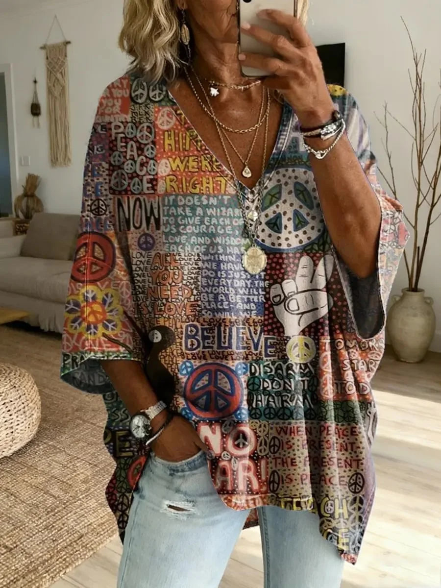 Women's Bohemian Retro Hippie Art Print V-Neck Loose-Fit Denim Top
