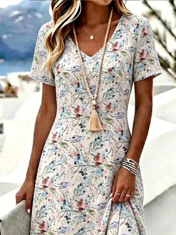 Multicolor Ditsy Floral V Neck Short Sleeve Loose A-Line Midi T-Shirt Dress