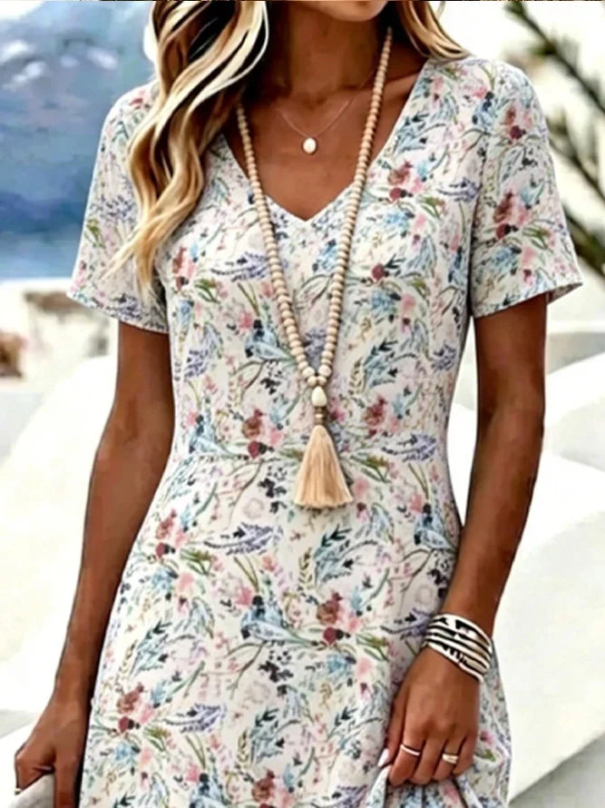 Multicolor Ditsy Floral V Neck Short Sleeve Loose A-Line Midi T-Shirt Dress