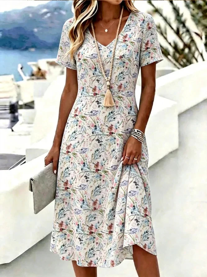 Multicolor Ditsy Floral V Neck Short Sleeve Loose A-Line Midi T-Shirt Dress