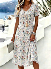 Multicolor Ditsy Floral V Neck Short Sleeve Loose A-Line Midi T-Shirt Dress