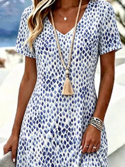 Blue Watercolor Dot Print V Neck Short Sleeve Loose A-Line Midi T-Shirt Dress