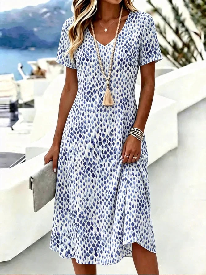 Blue Watercolor Dot Print V Neck Short Sleeve Loose A-Line Midi T-Shirt Dress