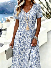 Blue White Porcelain Bird Floral V Neck Short Sleeve Loose A-Line Midi T-Shirt Dress
