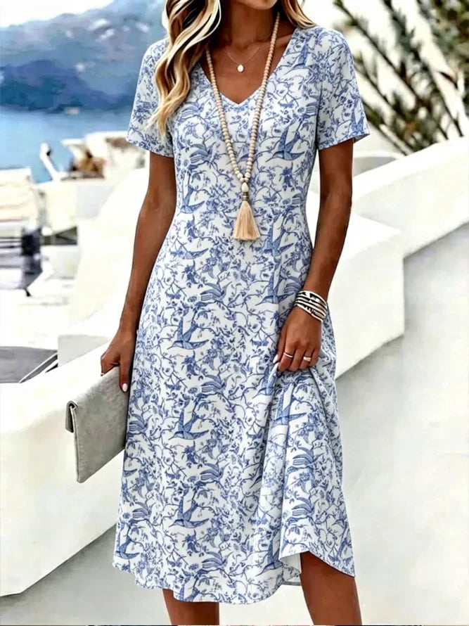 Blue White Porcelain Bird Floral V Neck Short Sleeve Loose A-Line Midi T-Shirt Dress