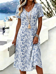 Blue White Porcelain Bird Floral V Neck Short Sleeve Loose A-Line Midi T-Shirt Dress