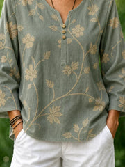 Green Vintage Floral Notch Henley Neck Flare Long Sleeve Loose Linen Blouse With Side Pockets
