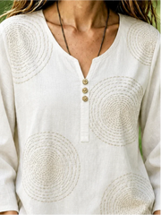 White Concentric Circle Geometric Print Notch Henley Neck Flare Long Sleeve Loose Linen Blouse With Side Pockets