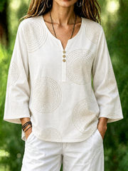 White Concentric Circle Geometric Print Notch Henley Neck Flare Long Sleeve Loose Linen Blouse With Side Pockets