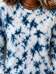 White Blue Tie-Dye Pattern Crew Neck Long Sleeve Casual T-Shirt